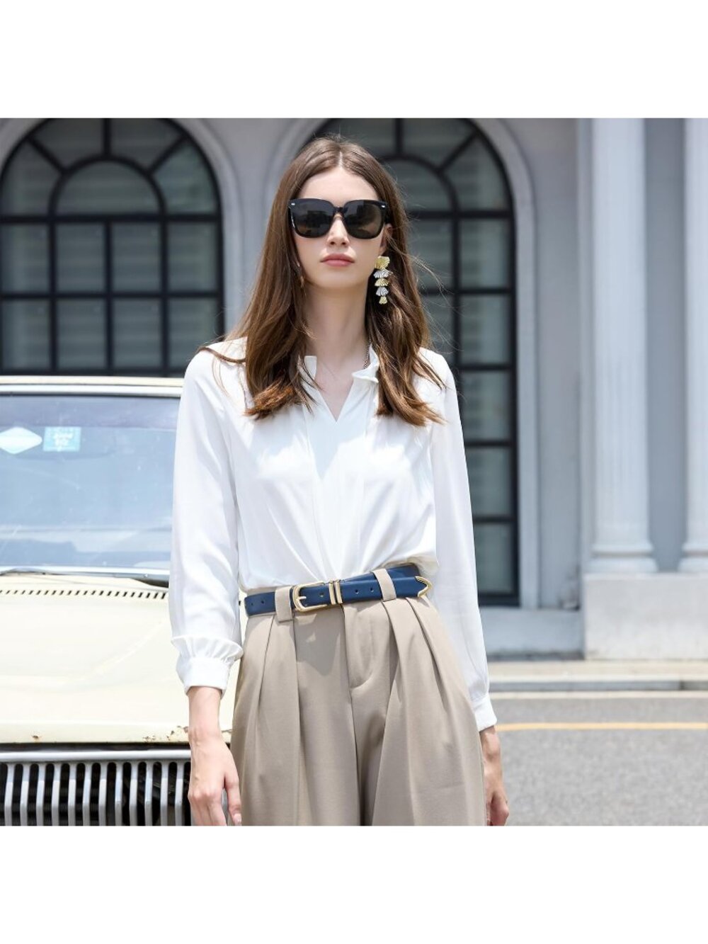 Women's Blue Leather Belt For Jeans Dresses Pants Fashion With Gold Buckle - Picture 4 of 7